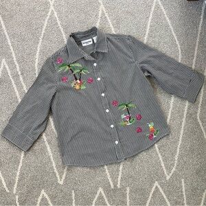 Breckenridge Black and White Gingham 3/4 Sleeve Button Down Blouse w/ Embroidery